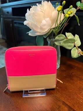Authentic Céline Pink & Beige Zip Compact Wallet